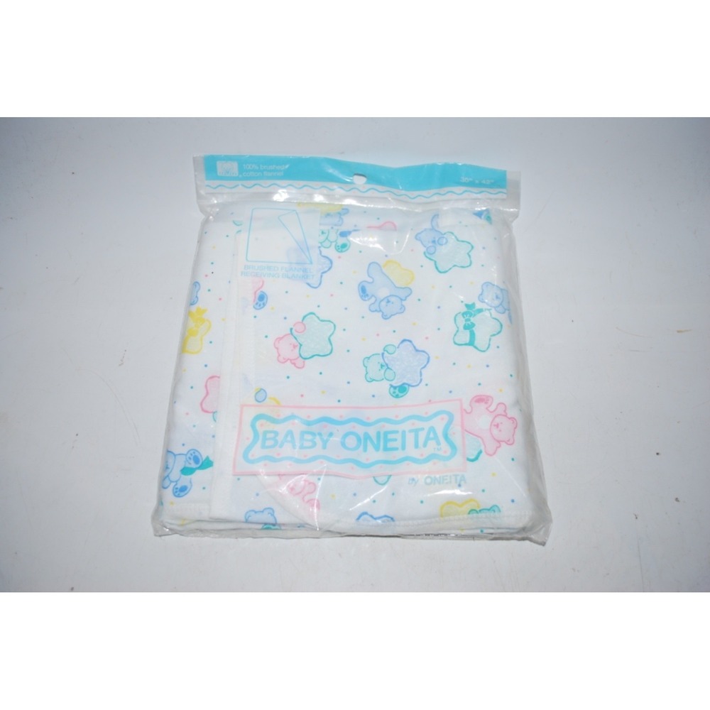 Vintage Baby Oneita Flannel Receiving Blanket Bears Stars 36x36 NIP